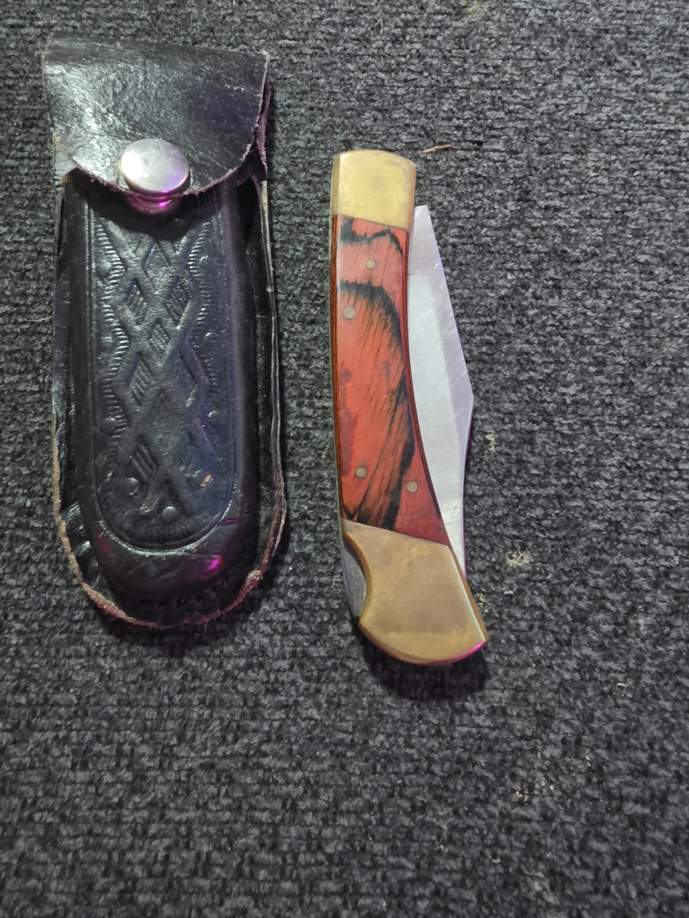 Police Issue Pocket Knife with Brown Wood Handle and Brass Accents
